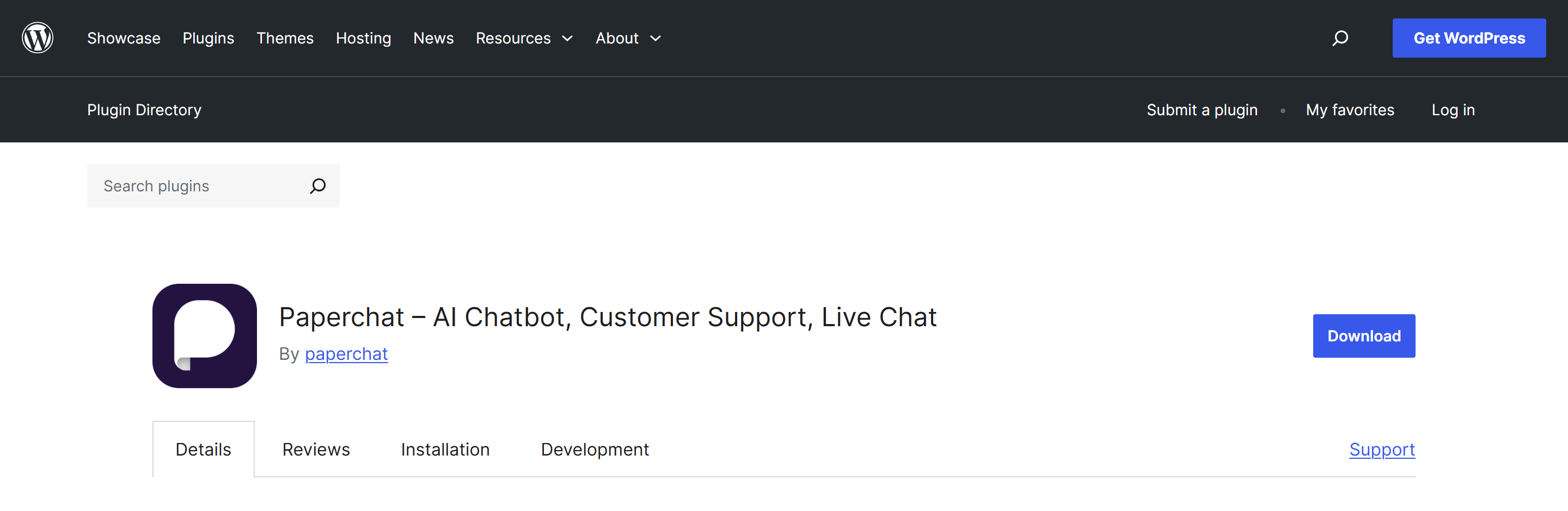 The Paperchat plugin listing on the WordPress.org plugin directory