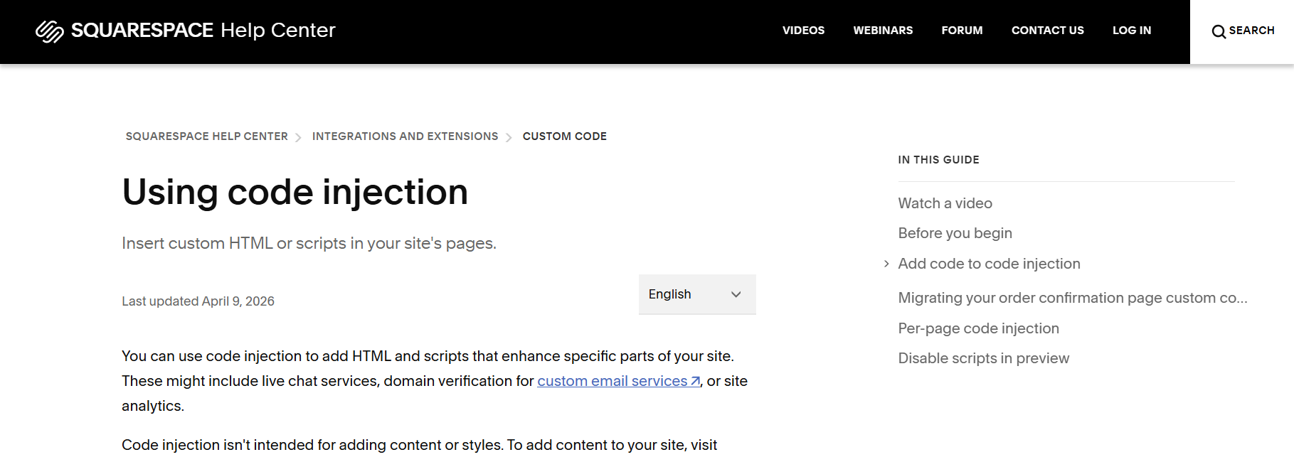 Squarespace Help Center documentation for the code injection feature