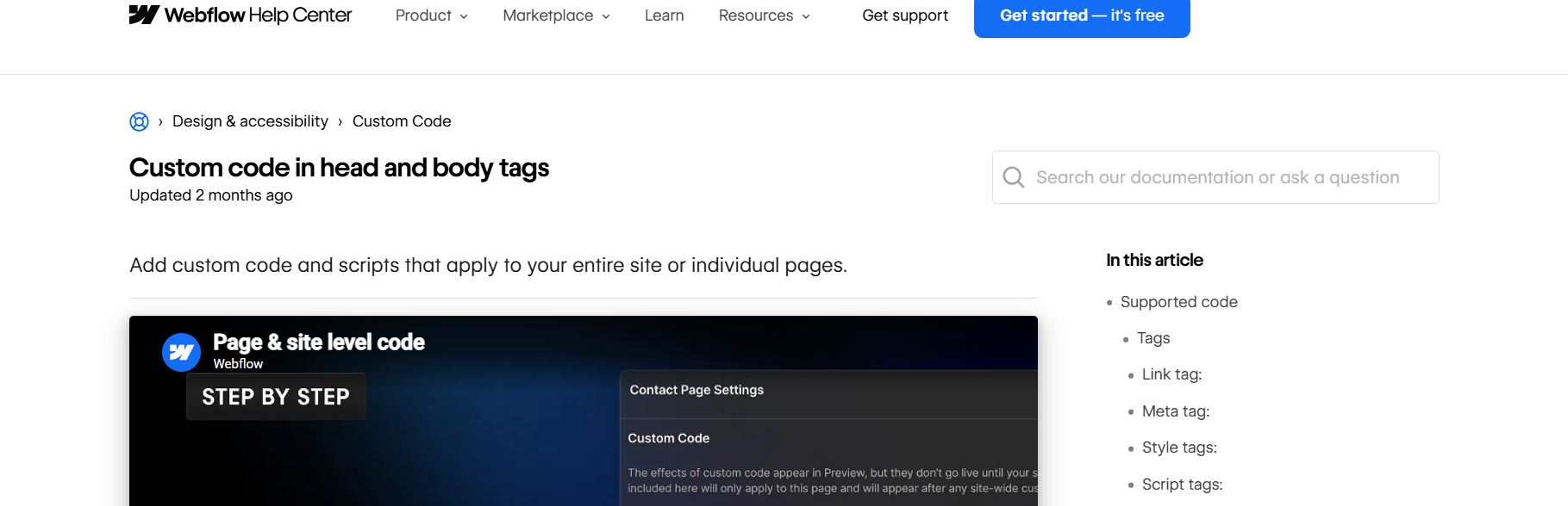 Webflow Help Center documentation for custom code in head and body tags
