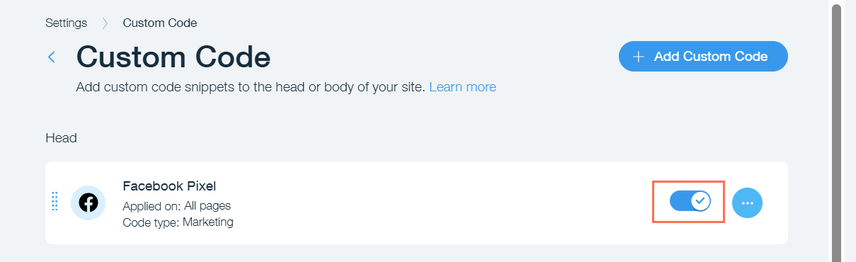The Custom Code panel in the Wix dashboard where third-party scripts are added