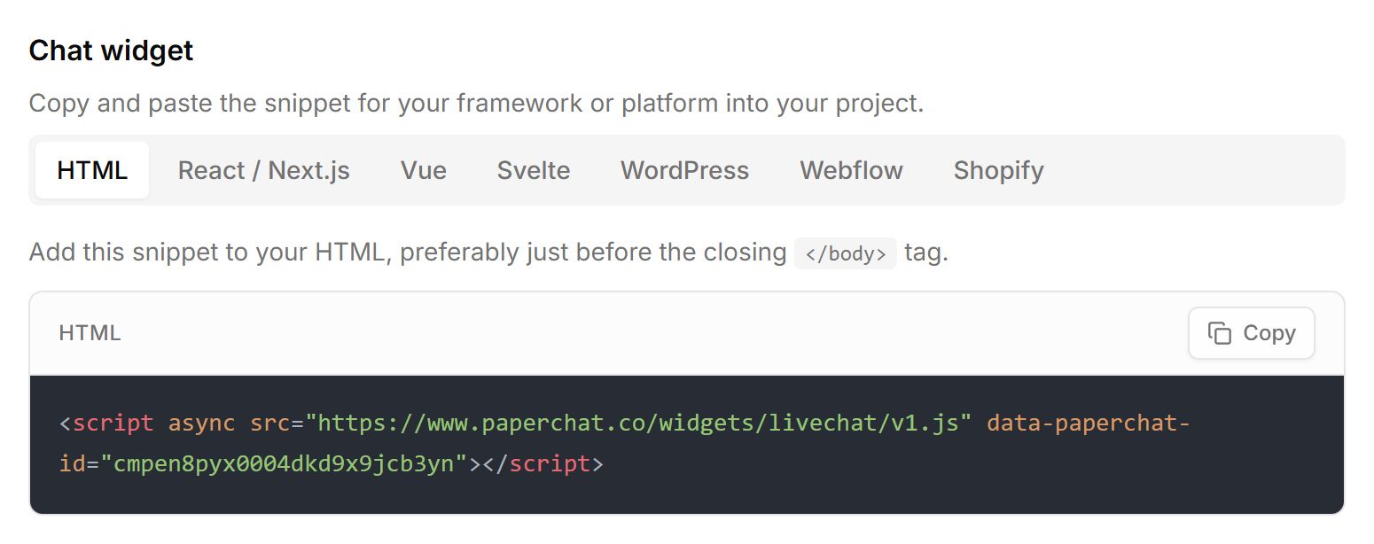 The Paperchat embed tab with the single script tag ready to copy