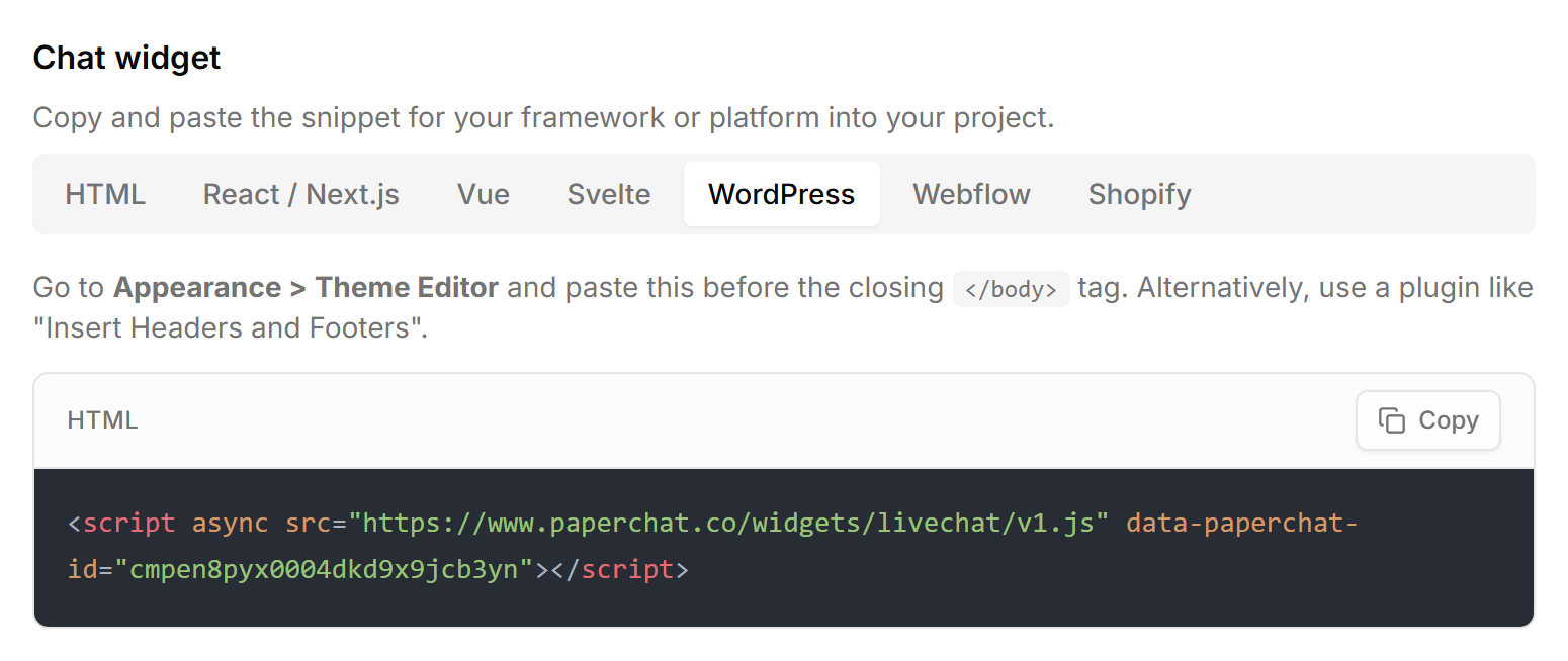 The Paperchat embed tab showing the WordPress installation snippet