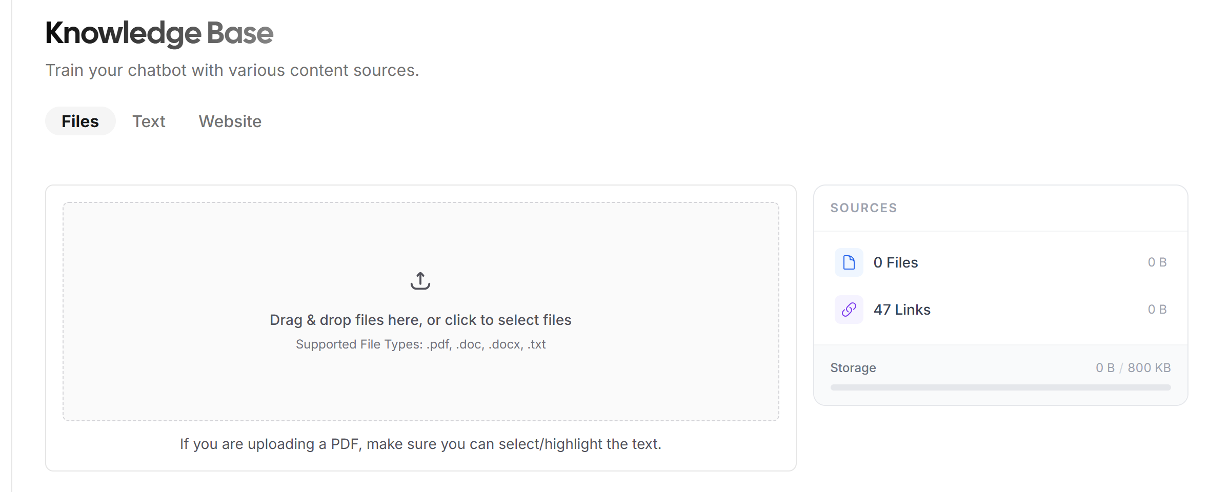 Uploading documentation files as a chatbot training source