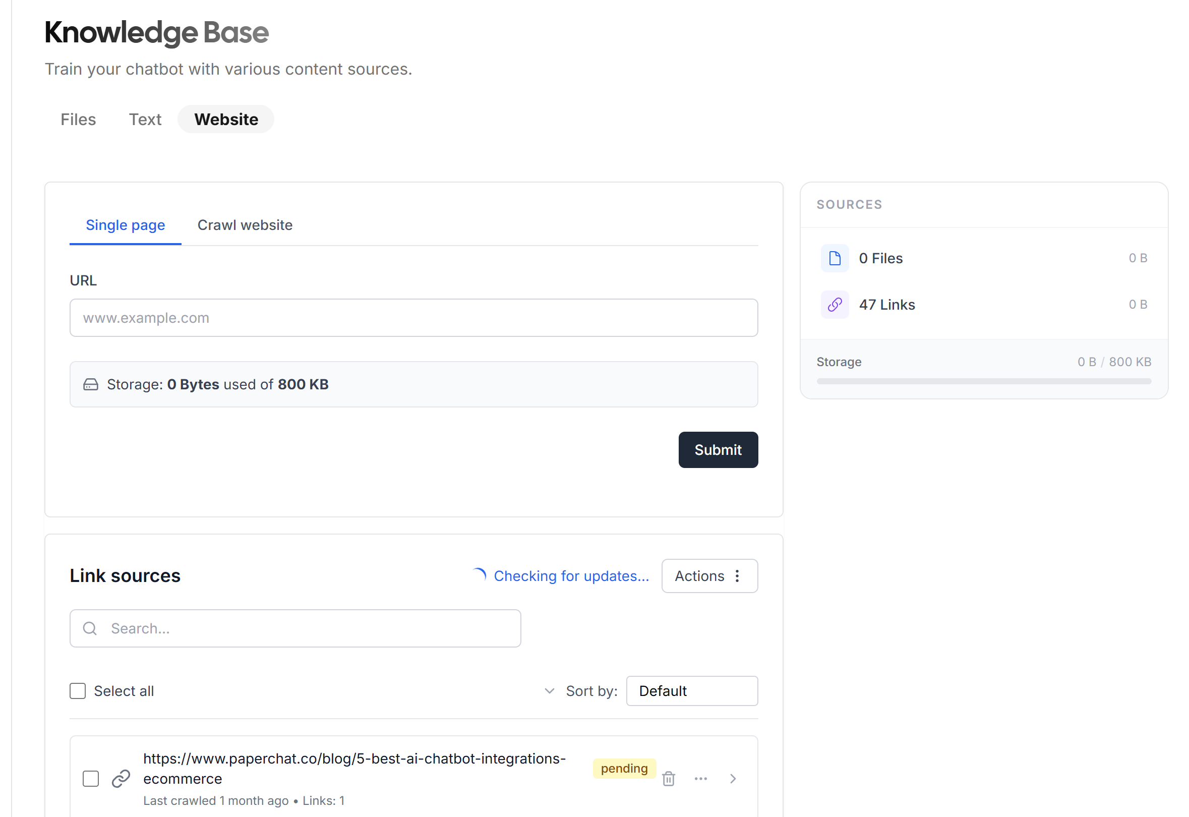Adding a documentation URL as a crawl source in the Paperchat knowledge base